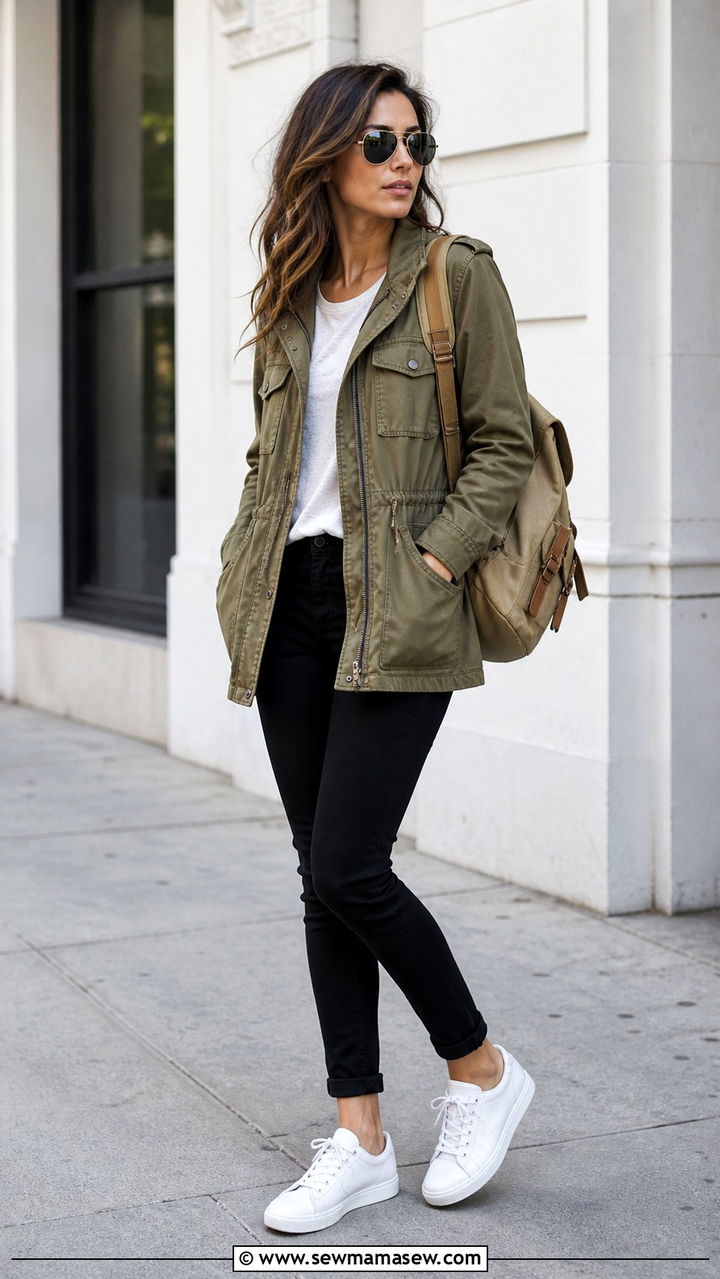 Utility jacket with slim black trousers and leather sneakers - 40 classy outfits for women