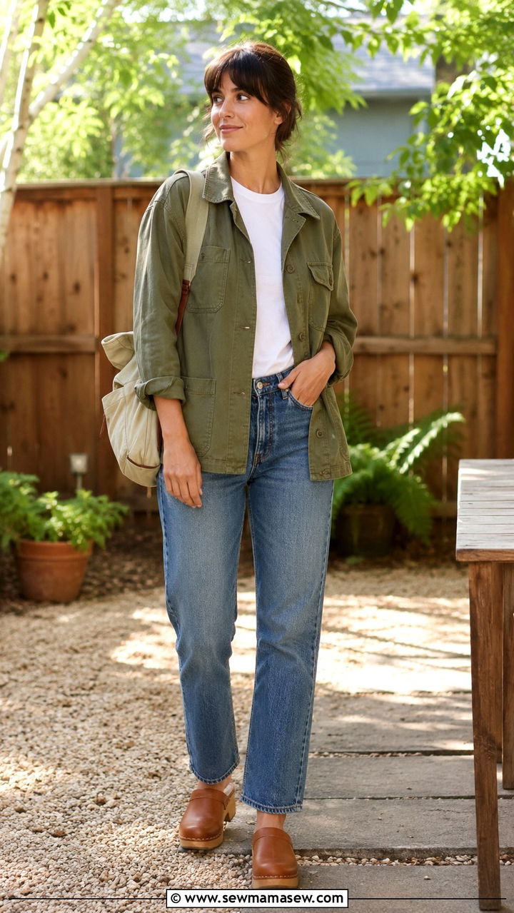 Utility jacket with straight jeans and clogs outfit - 30 Spring backyard outfits