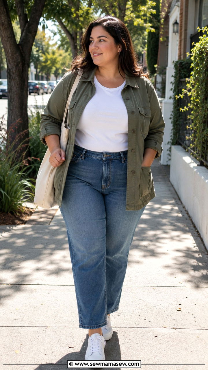 Utility jacket with straight jeans and fitted tee - 30 Plus size outfit ideas spring 2026