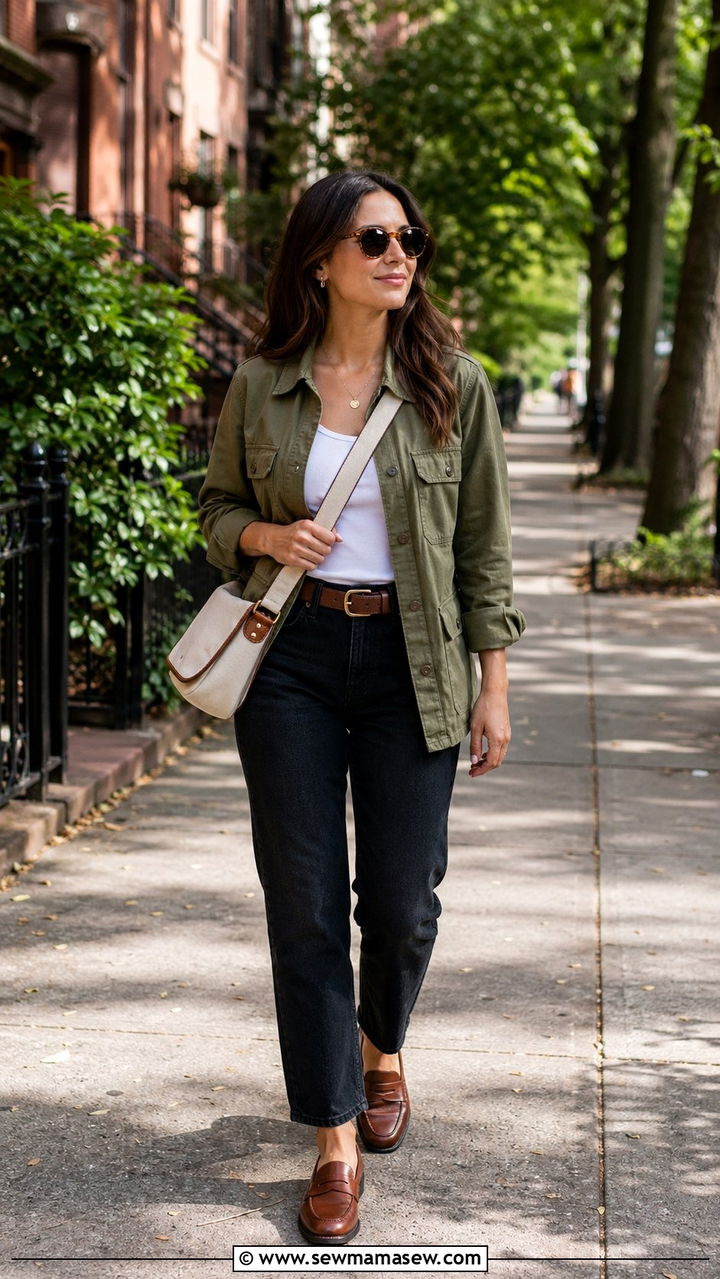 Utility jacket with straight jeans and loafers outfit - 35 Ageless outfit ideas