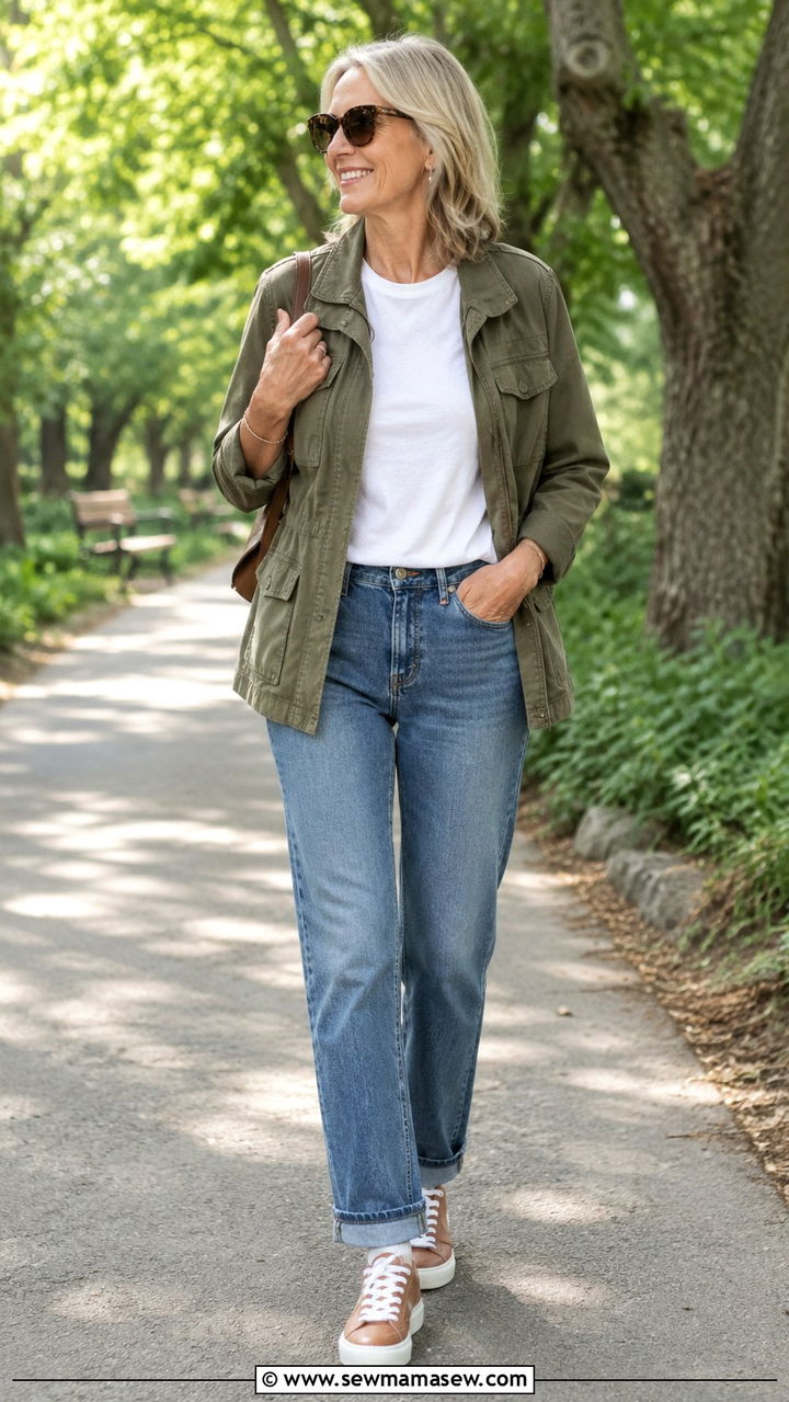 Utility jacket with straight leg jeans and a white tee - 25 Outfit ideas for women over 50 elevated casual