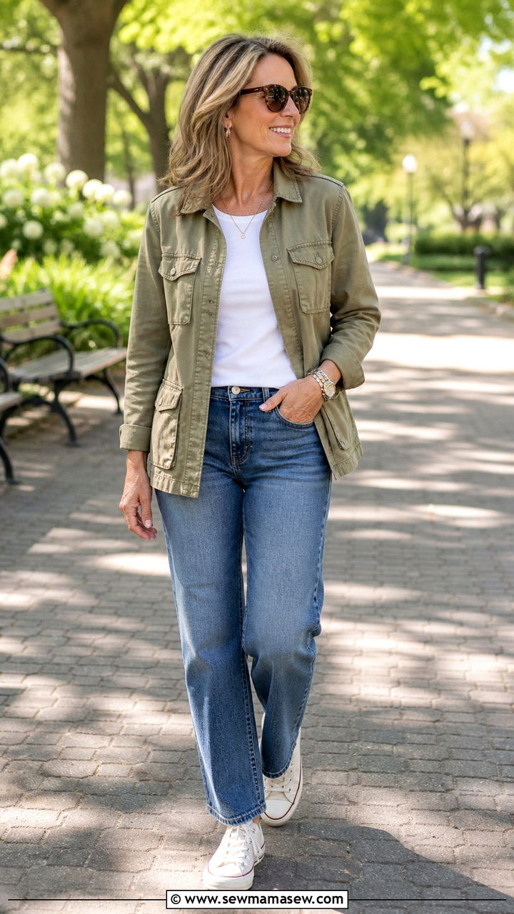 Utility jacket with straight leg jeans and sneakers - 40 Outfit ideas for women over 40