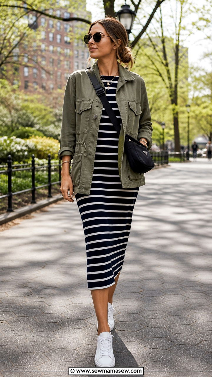 Utility jacket with striped dress outfit - 40 Parisian chic outfit ideas