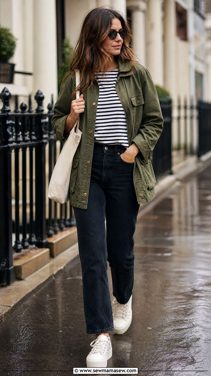 Utility jacket with striped shirt - 25 spring rainy day outfit ideas