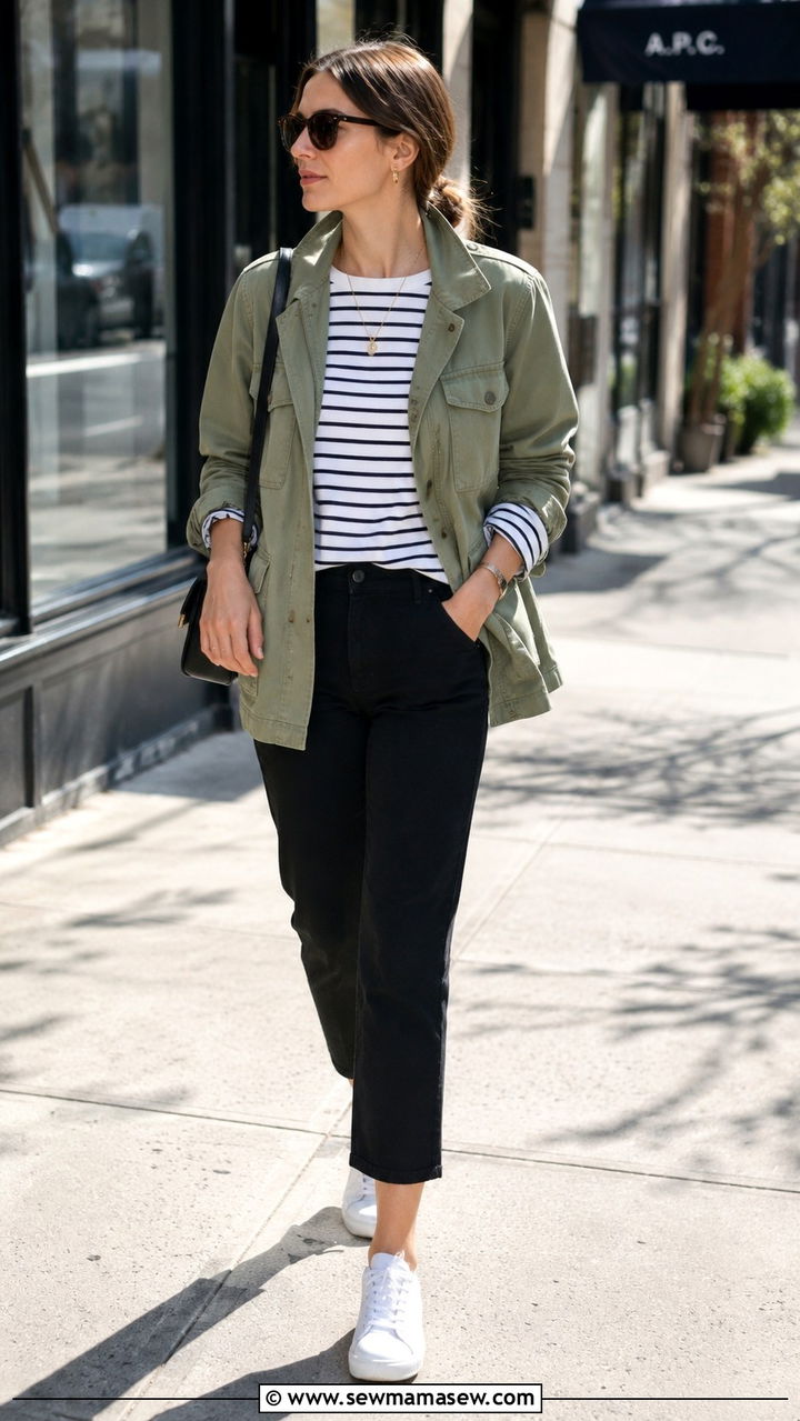 Utility jacket with striped tee and cropped pants outfit - 20 Summer outfits for 55 degree weather