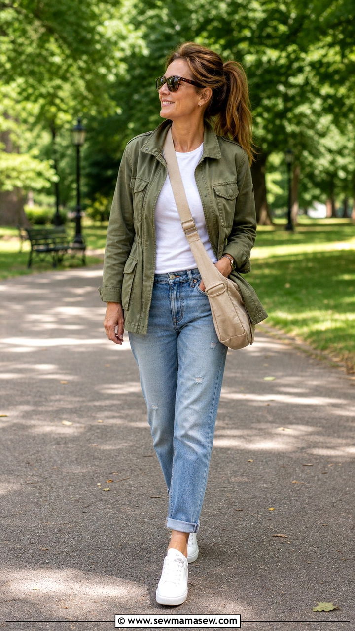 Utility jacket with tee and jeans - 40 spring outfit ideas for women over 40