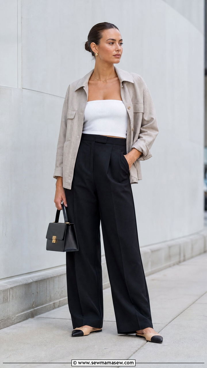Utility jacket with tube top and wide leg trousers - 30 Summer outfits with utility jackets