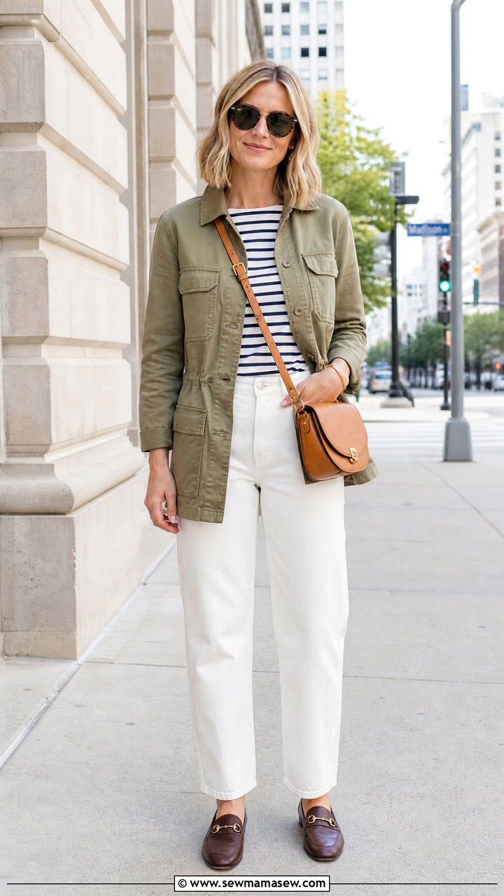 Utility jacket with white jeans and striped top - 30 Summer outfits with utility jackets