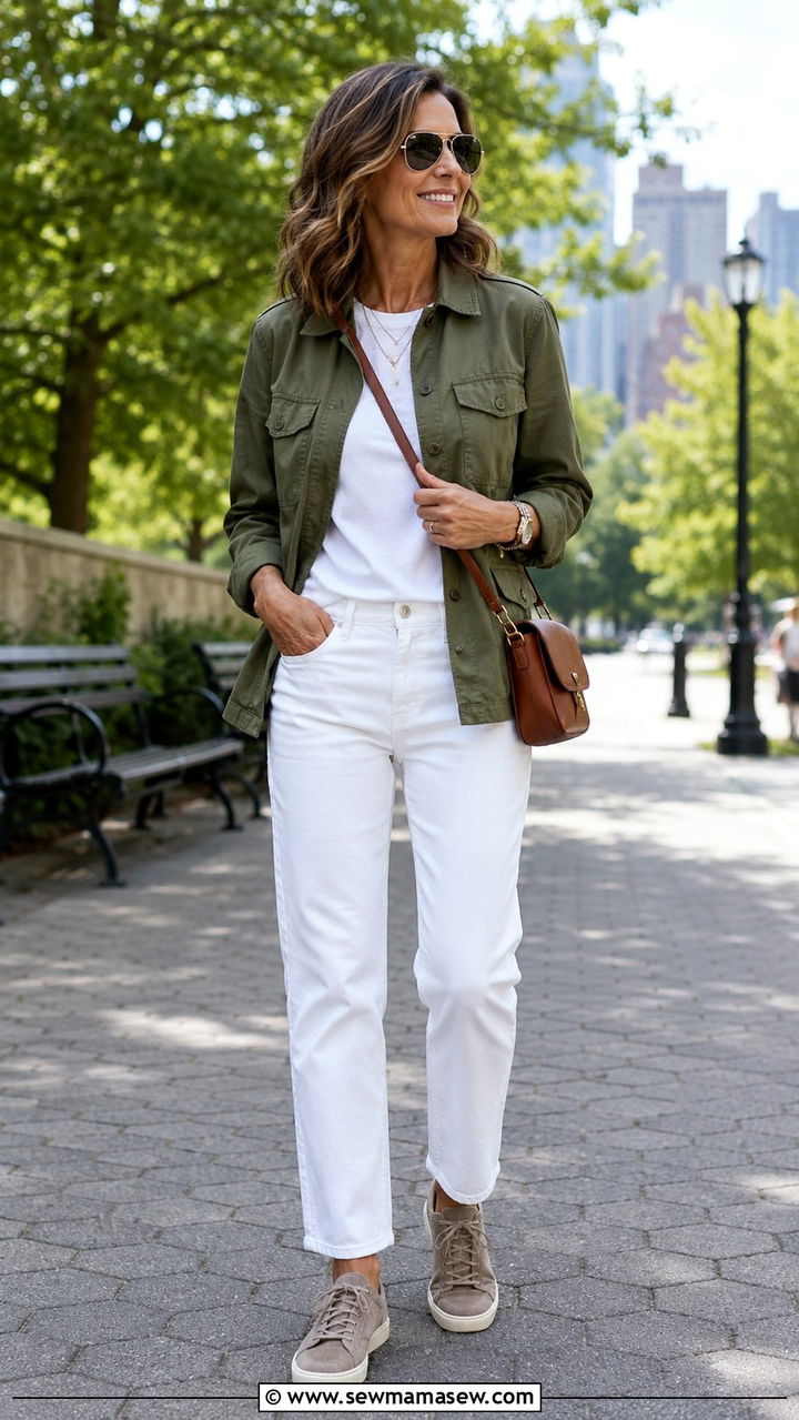 Utility jacket with white jeans and suede sneakers - 25 model off duty outfit ideas for women over 40
