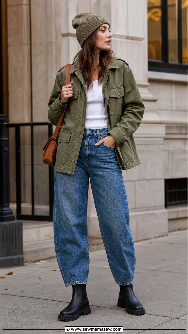 Utility jacket with white tank and barrel leg jeans - 30 summer to fall outfits for women