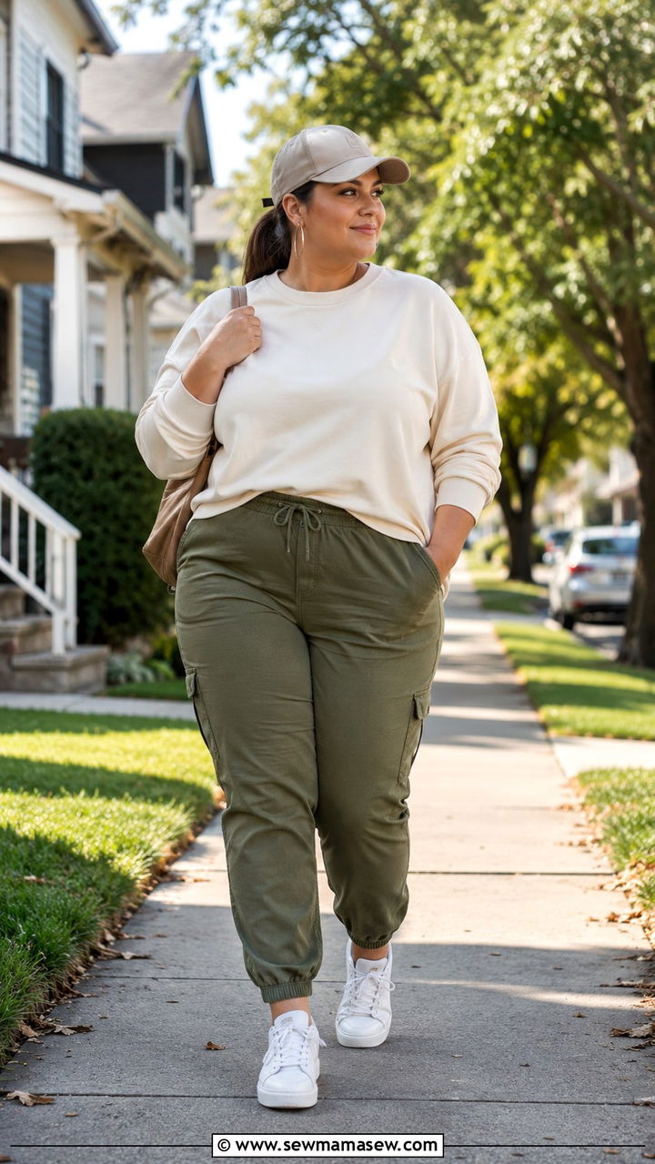 Utility joggers and cozy sweatshirt mom outfit - 30 Plus size outfit ideas for moms
