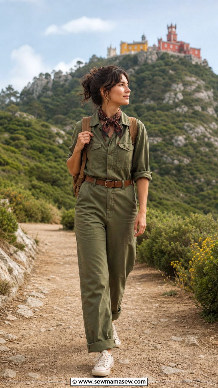 Utility jumpsuit and canvas sneakers Lisbon explorer outfit - 40 Lisbon outfit ideas