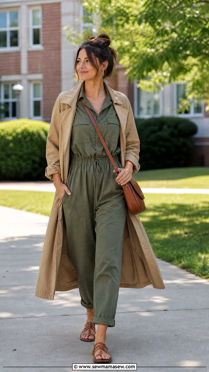 Utility jumpsuit and lightweight trench - 25 High school teacher outfit ideas