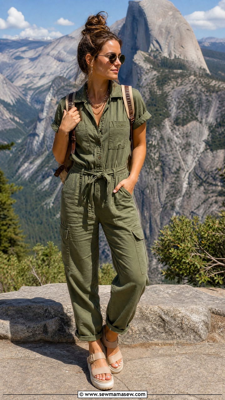 Utility jumpsuit and platform sandals outfit - 30 Summer weekend getaway outfits