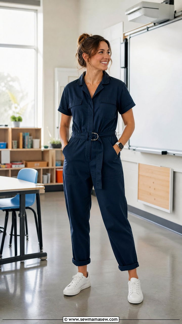 Utility jumpsuit and sneakers teacher outfit - 30 summer teacher outfit ideas
