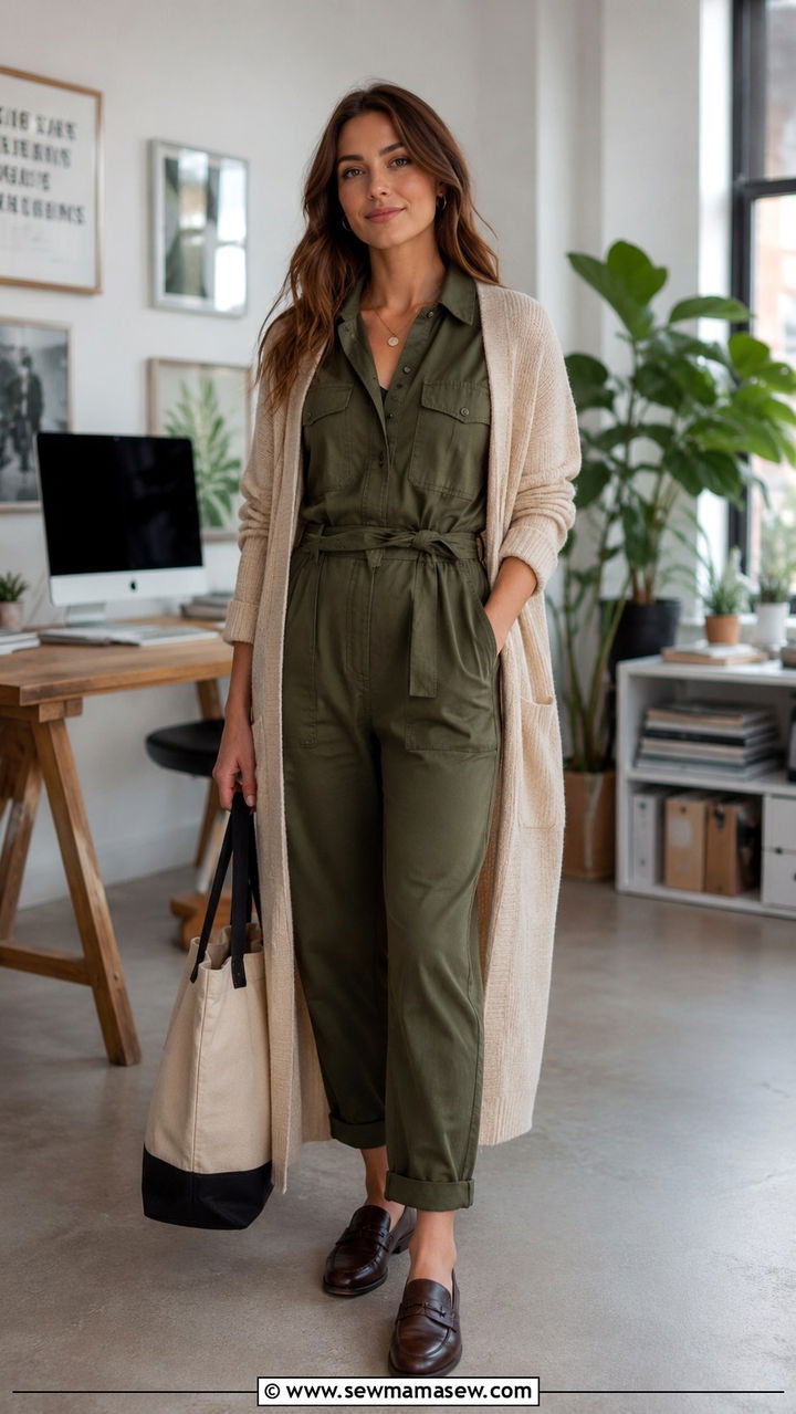 Utility jumpsuit office look with cardigan - 30 How to style a jumpsuit for work
