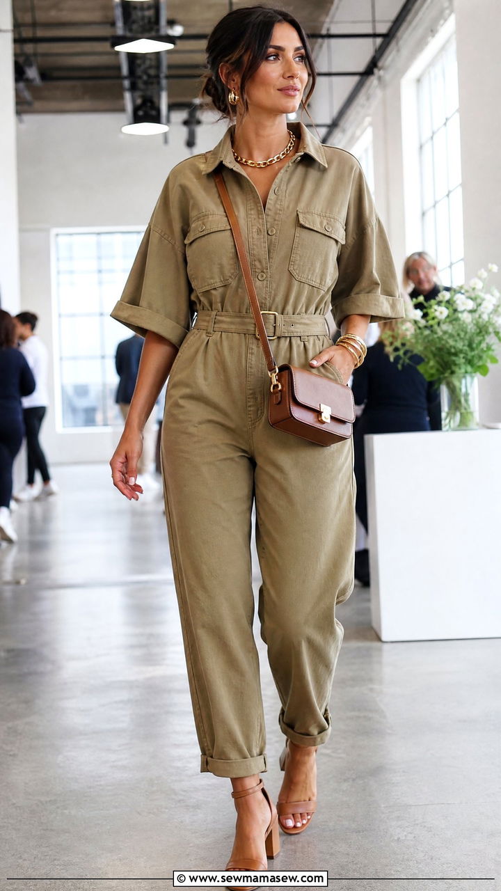 Utility jumpsuit with a belt and heeled sandals - 30 summer office party outfit ideas