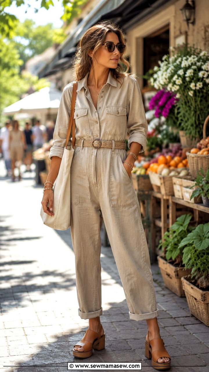 Utility jumpsuit with a belt and platform sandals - 30 Spring capsule wardrobe