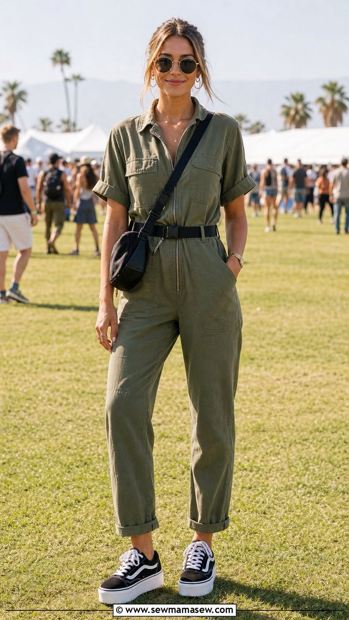 Utility jumpsuit with a belt and platform sneakers - 25 Cute summer outfit ideas 2026