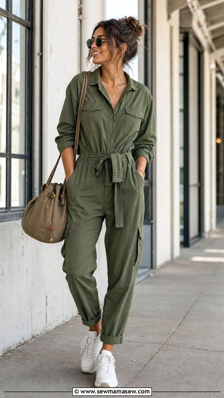 Utility jumpsuit with a canvas bucket bag and sneakers - 35 Bucket bag outfit ideas