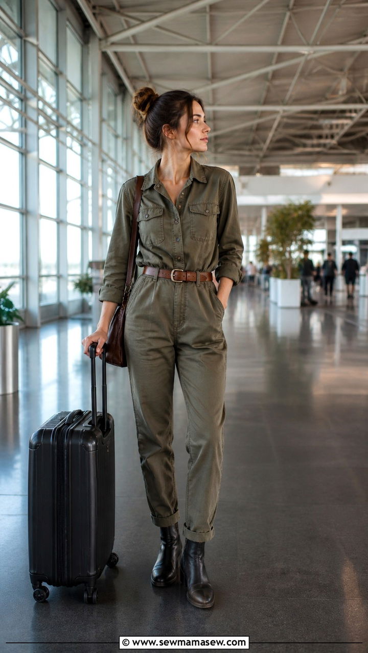 Utility jumpsuit with belt and ankle boots long flight - 40 Long flight outfit ideas
