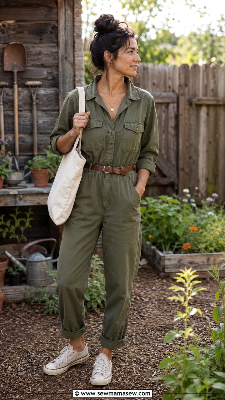 Utility jumpsuit with belt and canvas sneakers outfit - 30 Spring backyard outfits