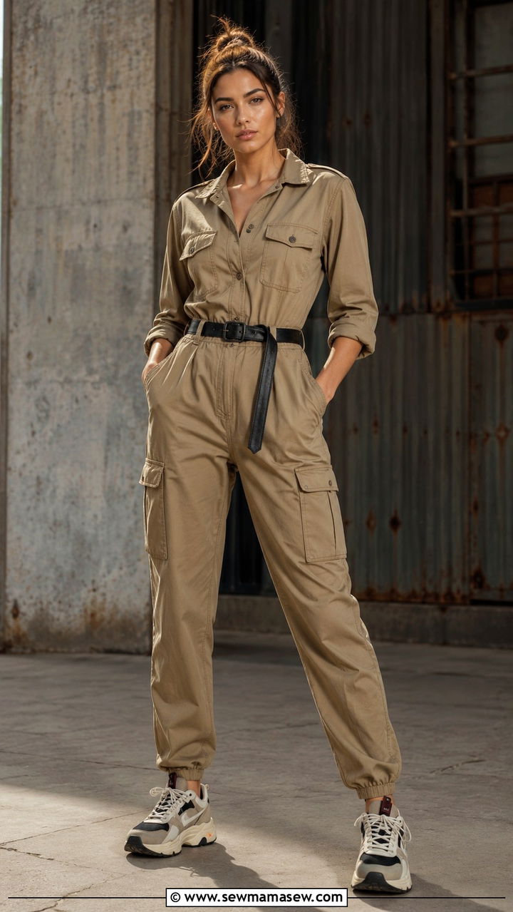 Utility jumpsuit with belt and chunky sneakers - 30 Outfit ideas for athletic build