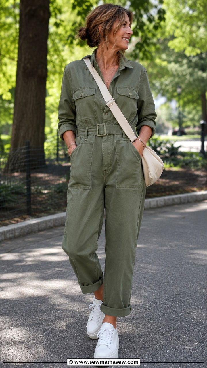 Utility jumpsuit with belt and sneakers rectangle - 25 Outfit ideas for rectangle over 40