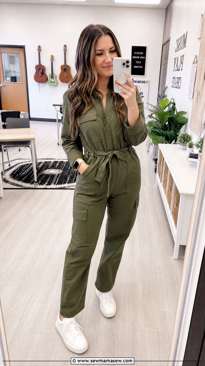 Utility jumpsuit with clean sneakers - 30 Music teacher outfit ideas
