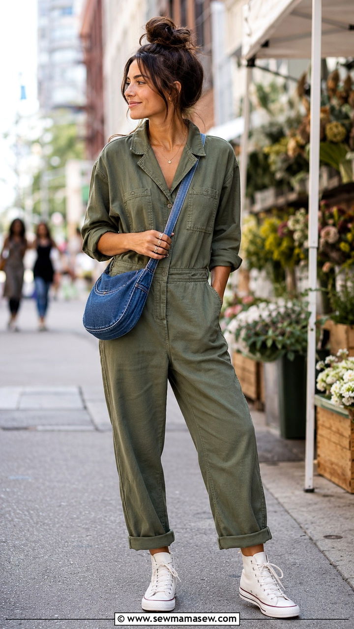 Utility jumpsuit with denim crossbody bag - 20 spring outfits with denim bag