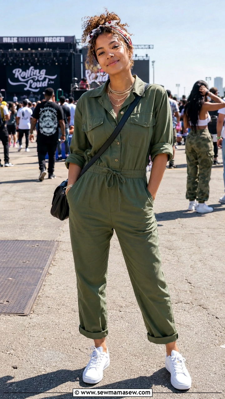 Utility jumpsuit with fresh white sneakers - 25 Rock The Bells outfit ideas