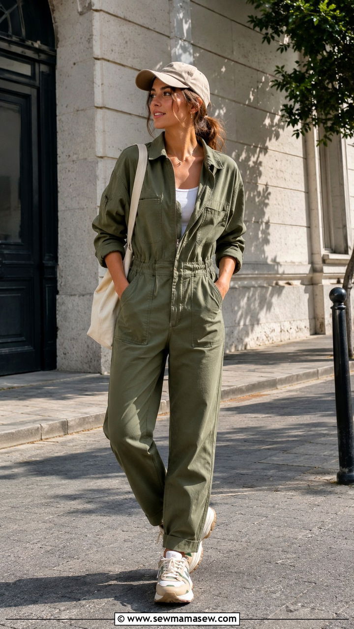 Utility jumpsuit with sneakers and baseball cap - 30 transitional sneaker outfit ideas