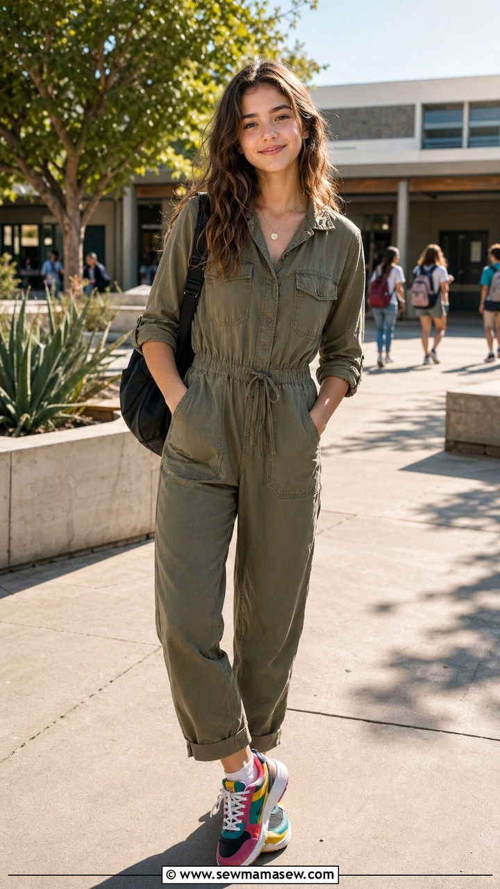 Utility jumpsuit with sneakers outfit - 35 Back to school outfits for teens