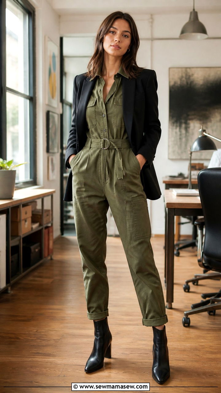 Utility jumpsuit with structured blazer - 40 office outfits 2026