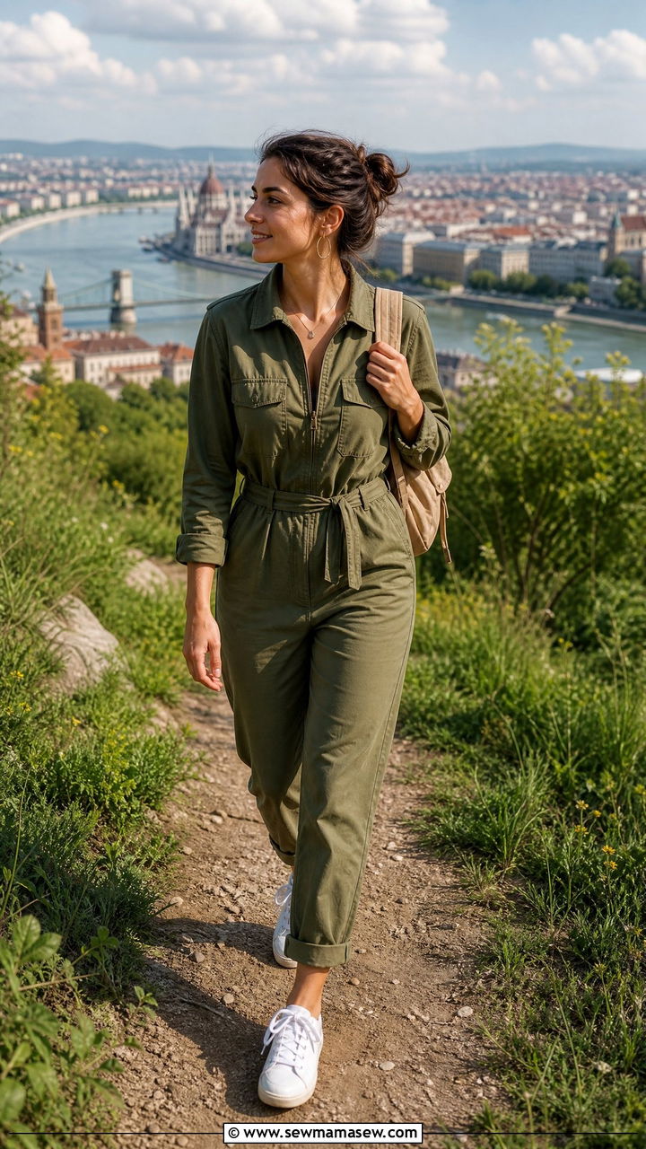 Utility jumpsuit with white sneakers Budapest casual outfit - 25 Budapest outfit ideas