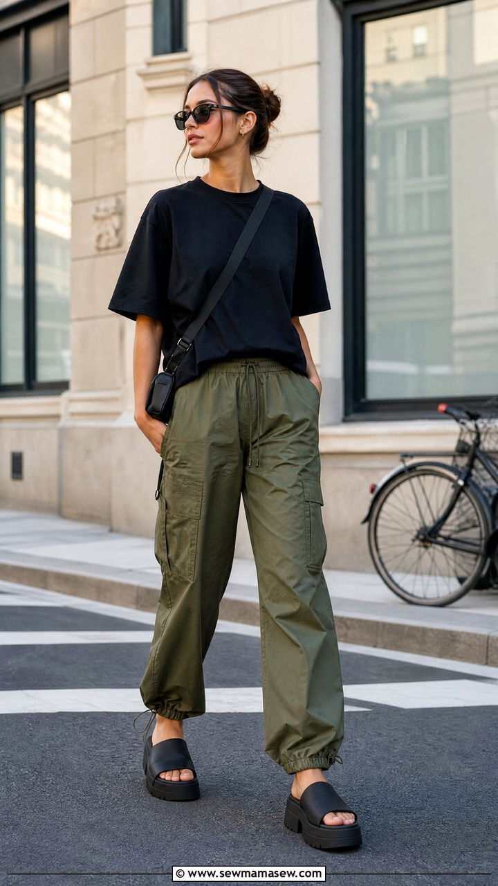 Utility pants and boxy tee with chunky slide sandals - 30 summer outfits with slide sandals