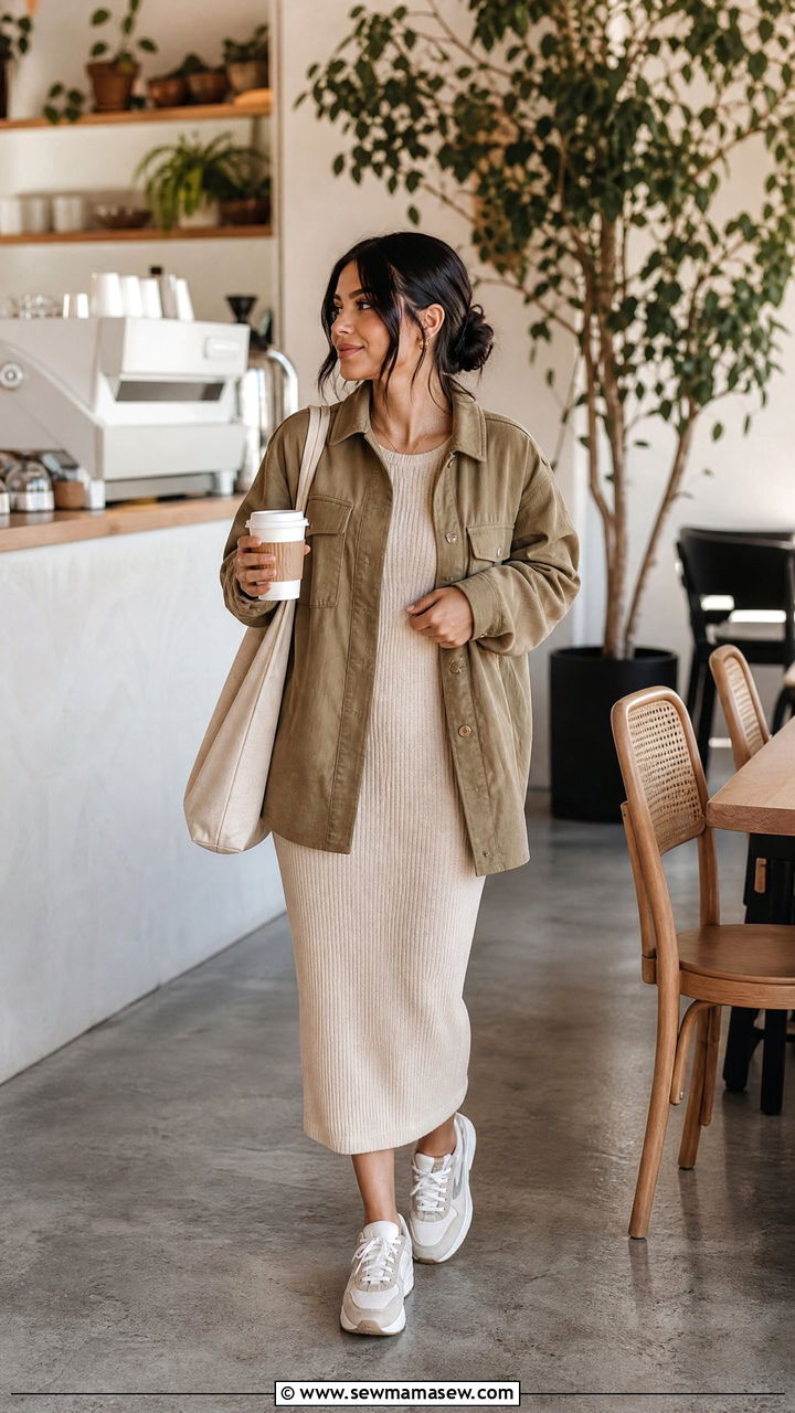 Utility shacket and ribbed midi dress - 30 modest brunch outfit ideas