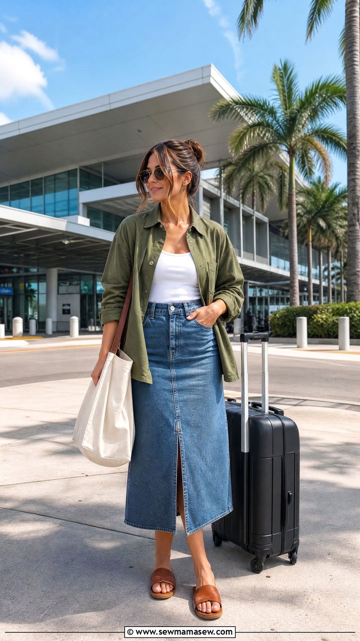 Utility shacket with tank and midi denim skirt - 35 Miami airport outfit ideas