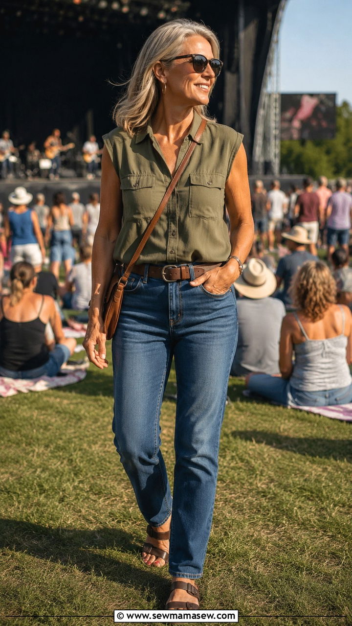 Utility shirt and jeans concert outfit over 50 - 25 What to wear to a concert over 50