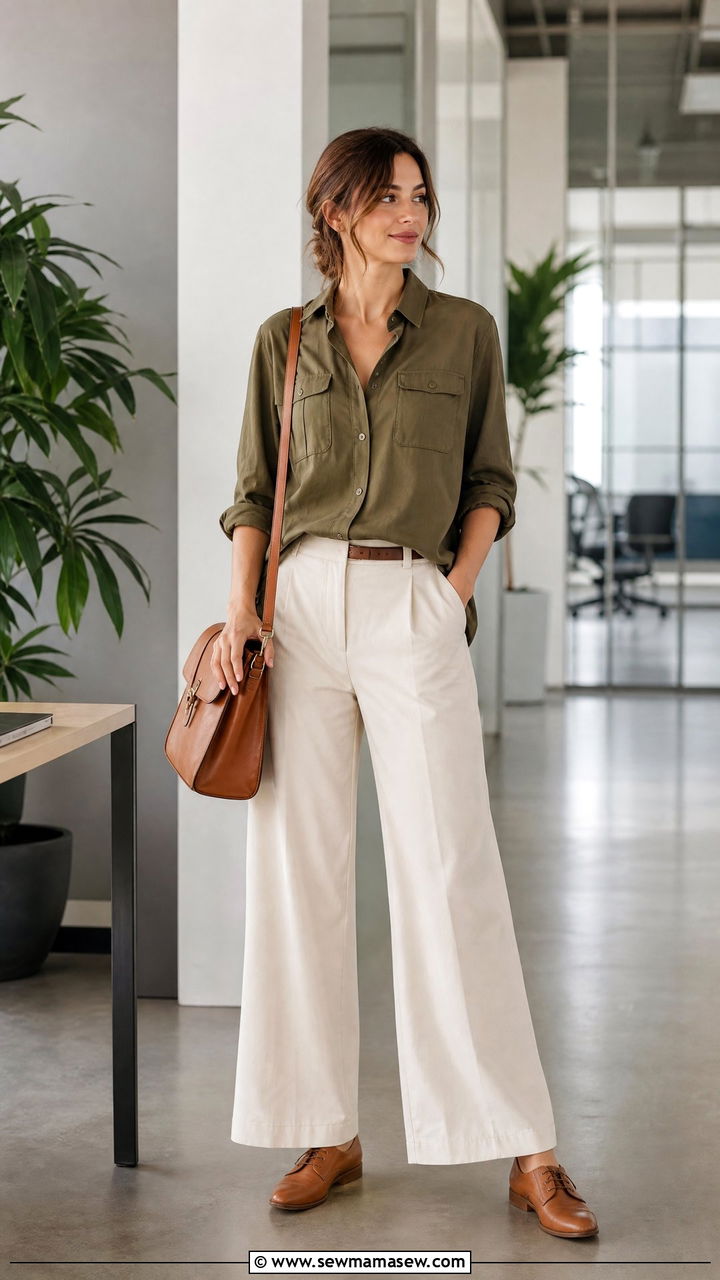 Utility shirt and wide leg cream pants outfit - 25 librarian core outfits 2026