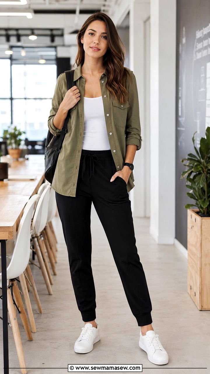 Utility shirt with joggers - 25 work outfits for postpartum women