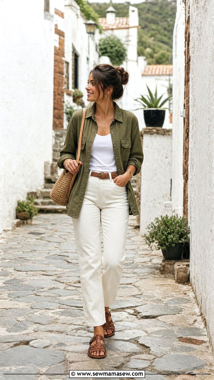 Utility shirt with white denim and fisherman sandals - 25 spring early spring outfit ideas
