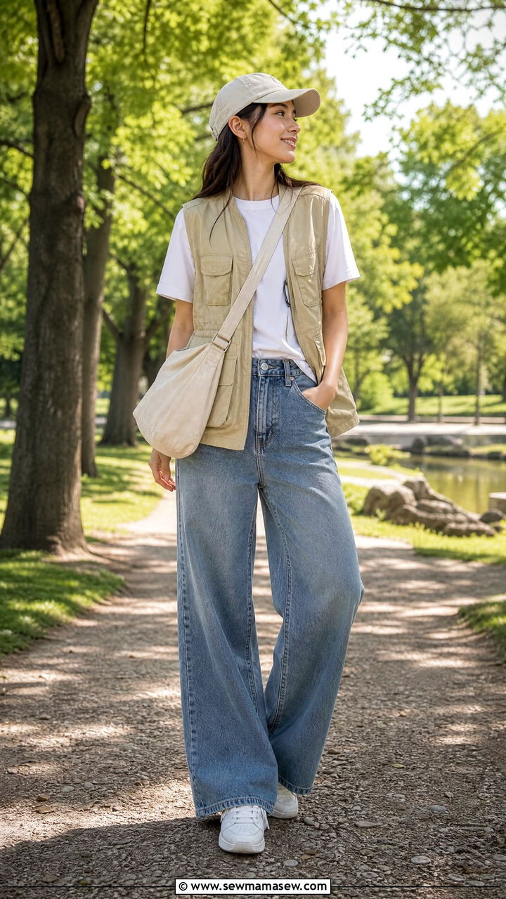 Utility vest over white tee with wide leg jeans outfit - 25 Outfit ideas for women over 40 casual 2026
