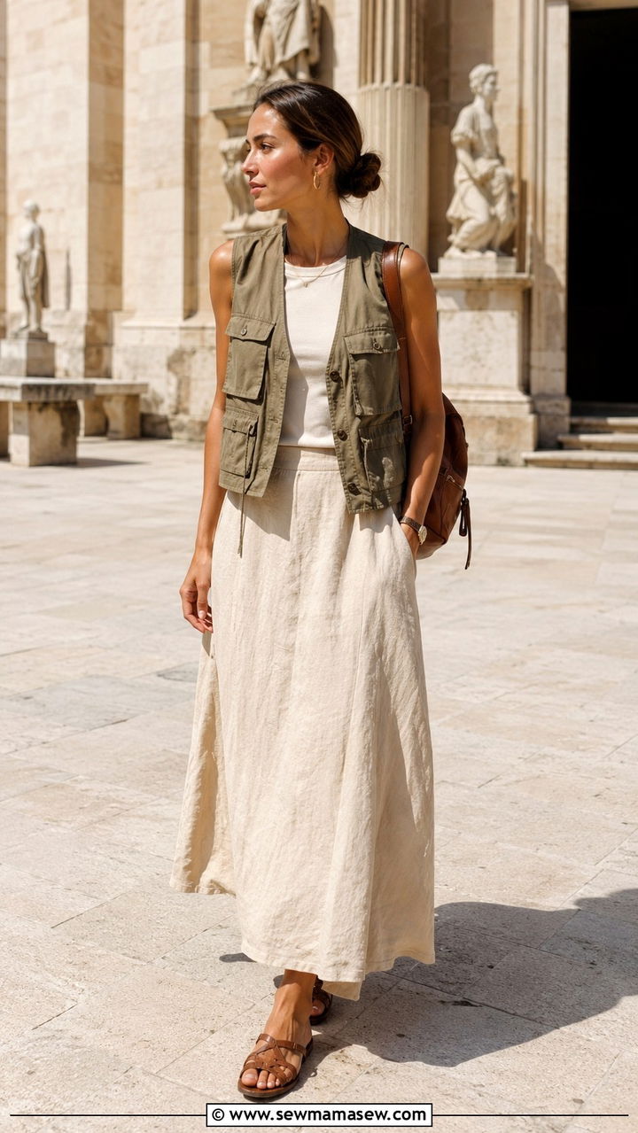 Utility vest with long linen skirt - 30 Playful summer outfit ideas