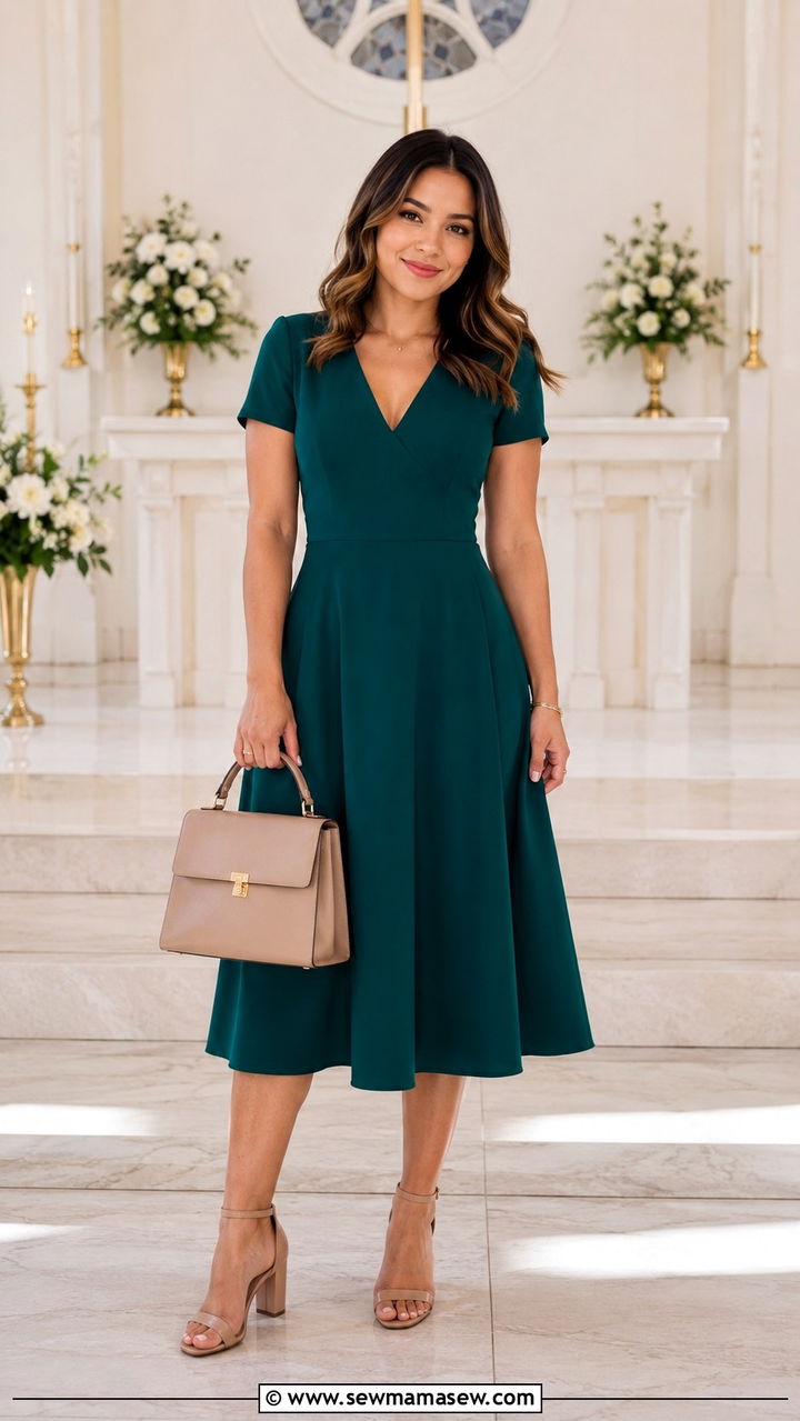 V Neck A Line Dress With Block Heels - 25 Wedding guest outfit ideas 5'4