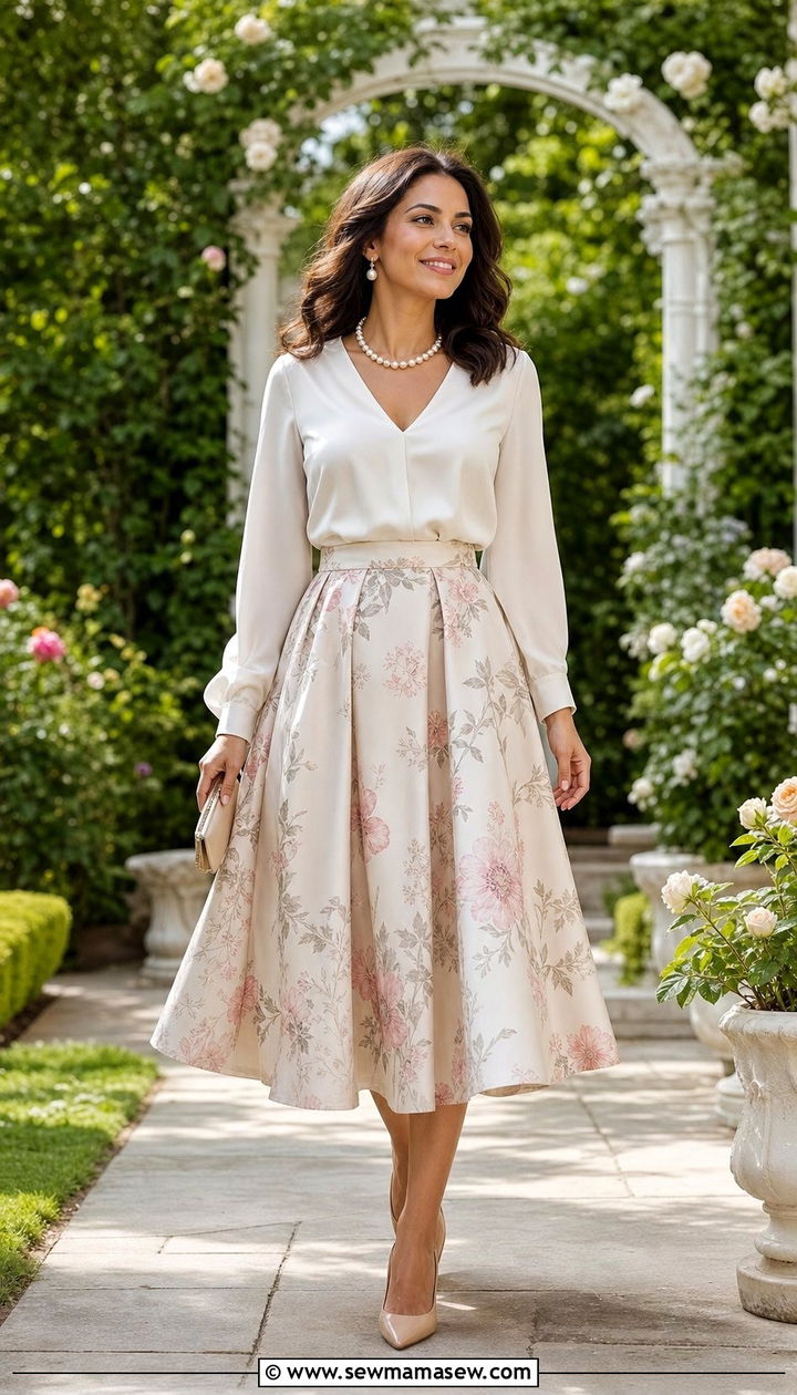 V Neck Blouse With High Waist Flared Skirt - 25 classy outfits for hourglass body