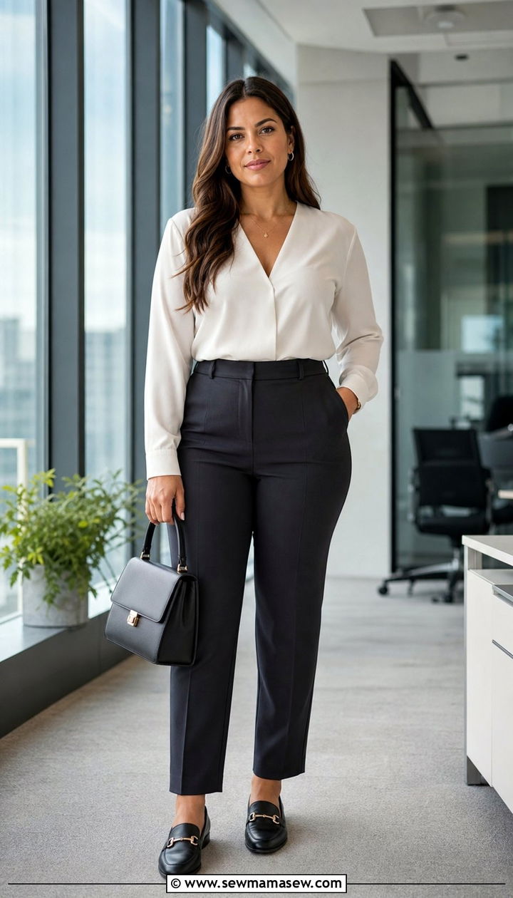 V Neck Blouse With Tailored Trousers And Loafers - 25 Cute outfits for hourglass figure