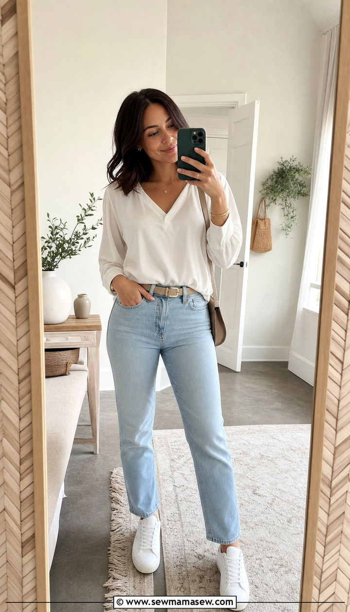 V Neck Blouse and Mid Rise Straight Jeans Outfit - 25 spring outfits for short torso women