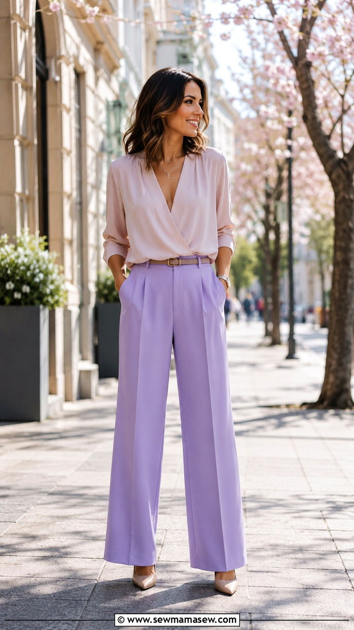 V Neck Blouse and Wide Leg Trousers Outfit - 20 spring outfits for women with big bust