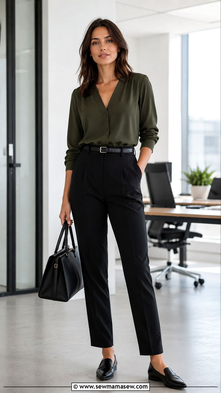 V Neck Blouse with High Waisted Trousers Outfit - 25 Outfits that make you look slimmer